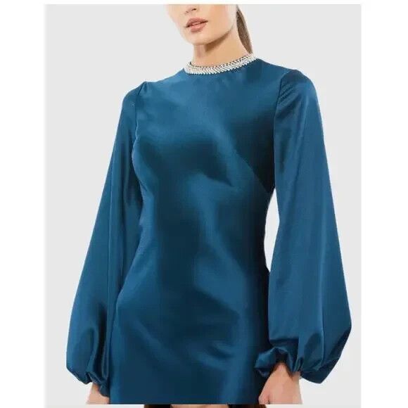 Mac Duggal Blue 26575 Rhinestone Collar Long Sleeve Formal Gown Dress NWT SZ 14 - Picture 3 of 6